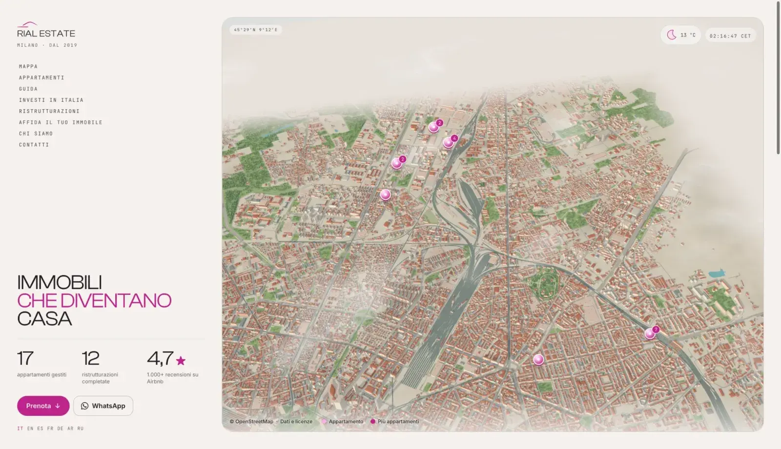 Home del sito Rial Estate: mappa 3D aerea di Milano con gli edifici in rilievo e i pin rosa degli appartamenti, meteo e ora di Milano in tempo reale nell'angolo, e a sinistra il titolo «Immobili che diventano casa» con i numeri degli appartamenti gestiti, delle ristrutturazioni e delle recensioni su Airbnb